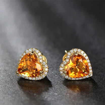 Romantic 18K Golden Plated Copper Setting Heart Shape Citrine Jewelry Set Love Shape Pendant Necklace Heart Micro Inlaid Cubic Zirconia Stud Earrings Butterfly Open-End Ring Flower Bracelets for Women Gifts