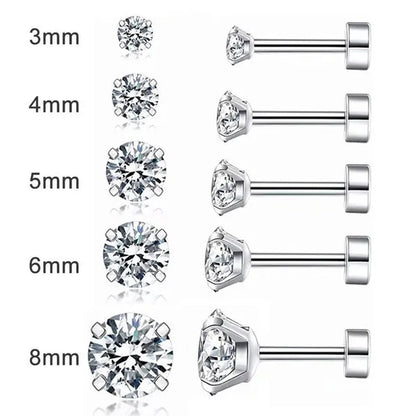 316L Surgical Stainless Steel Stud Earrings Hypoallergenic Cubic Zirconia Barbell Studs Earrings CZ Earrings 1 Pairs 3-8Mm
