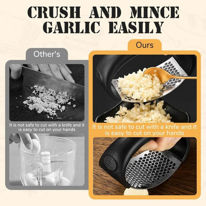 Garlic Press Rocker - 2024 NEW Stainless Steel Garlic Mincer Garlic Crusher with Peeler, New Innovative Garlic Chopper with Peeler and Scraper for Smash Garlic, Black