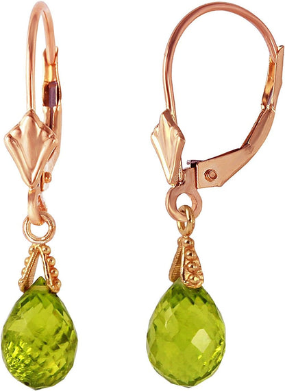 14K Solid Gold Jewelry Set: Natural Briolette 7 Carat Total Peridot Pendant Necklace and Dangle Earrings