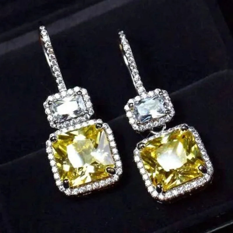 Square Citrine Pendant Silver Plated Lab Diamond Drop Dangle Earrings for Bridal Engagement Wedding Fashion Women Earrings Jewelry Gift