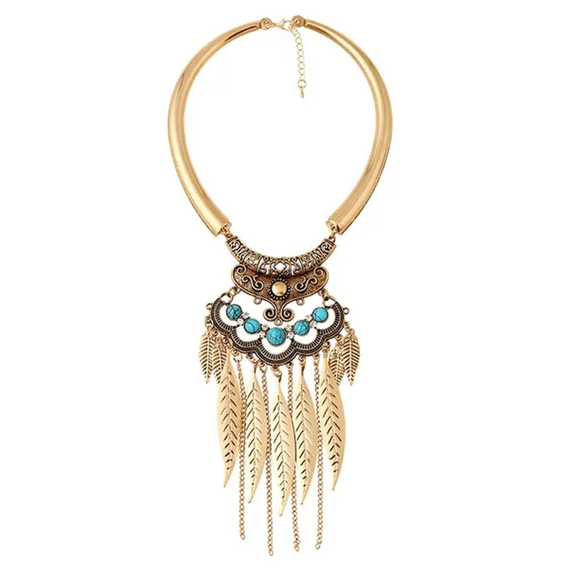 Bohemian Gypsy Ethnic Choker Collar Vintage Leaf Tassel  Maxi Statement Pendant Necklace Jewelry