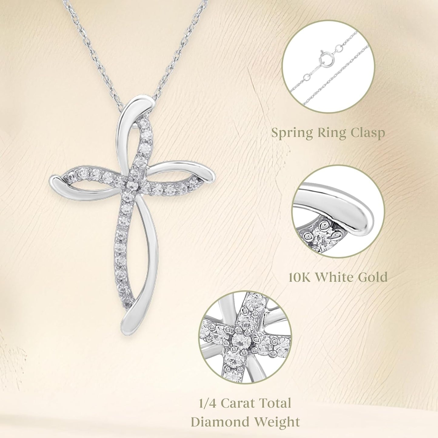 10K White Gold Necklace for Women with Natural Round-Cut Diamond and Swirl Cross Pendant-Necklace, 18" Rope Chain, 925 Sterling Silver Necklace and 18" Cable Chain, 1/4 Carat Total Weight Diamonds & Elegant Gift Box Included