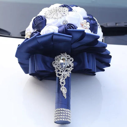 20CM Navy Blue & White Silk Rose Wedding Bouquet Pearl Rhinestone Brooch Bridal Bouquet Ribbon Artificial Flower Creative Holding Flowers