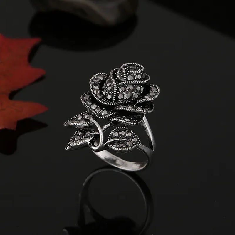Retro Black Rose Flower Ring Marcasite Stones Paved Silver ring size 6 - 10