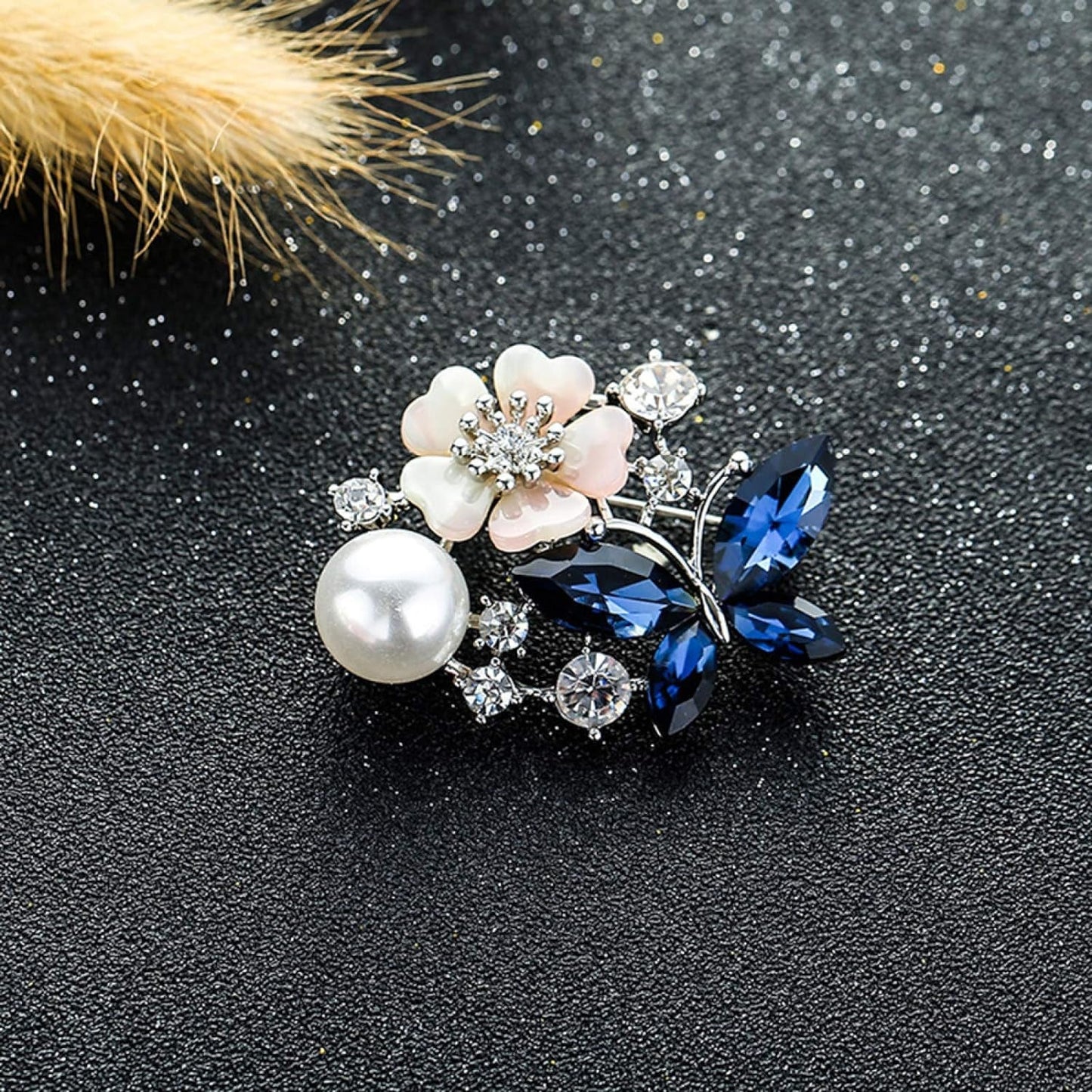 Women Faux Quartz Butterfly Flower Imitation Pearl Brooch Pin Lapel Clip Decoration Festival Birthday Gift- Rose Gold Festival Birthday Gift- Blue