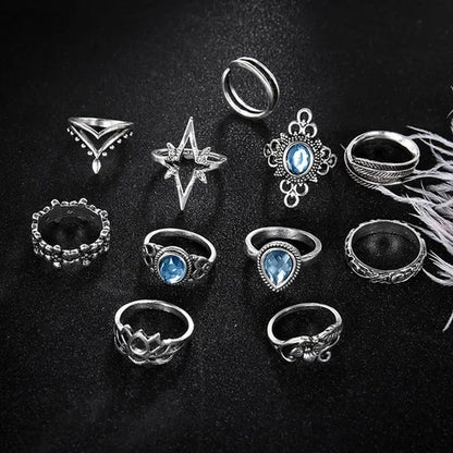 11Pcs/Set Retro Finger Ring Set Boho Crown Star Silver Carved Knuckle Rings for Women Jewelry Gifts