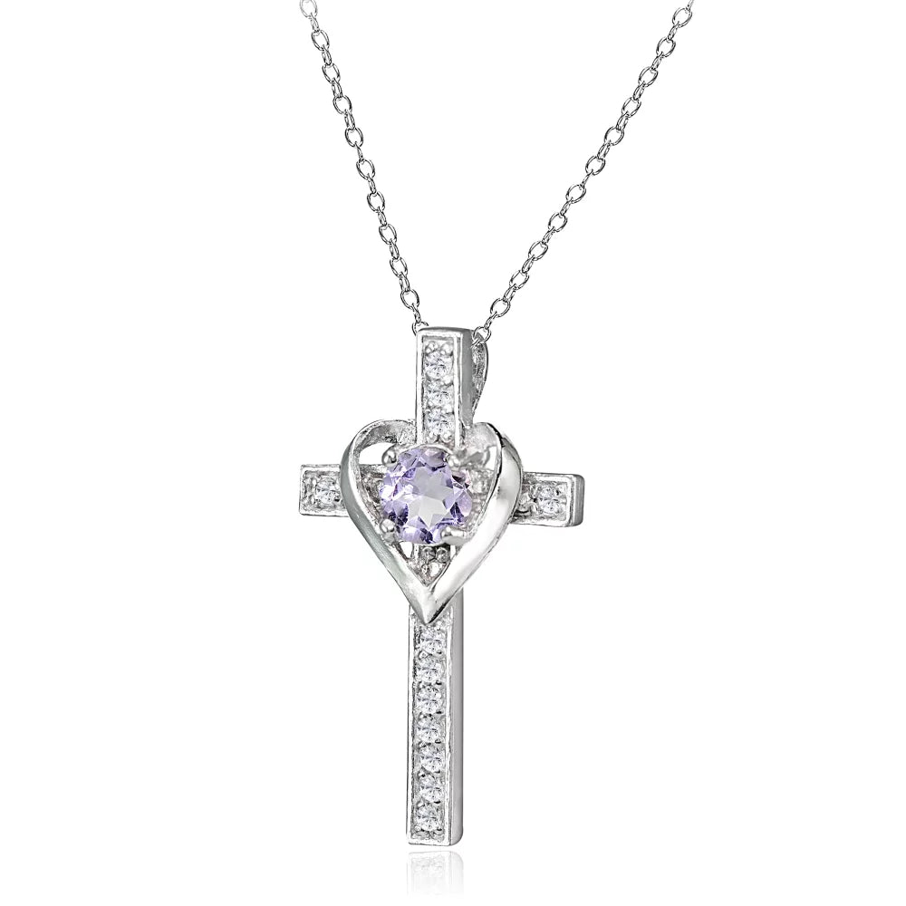 Sterling Silver Amethyst and White Topaz Heart Cross Birthstone Pendant Necklace