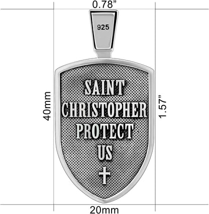 ® Saint Christopher Protect Us Medal St. Christopher Protection Shield Christian Amulet Unique Solid 925 Sterling Silver Pendant Necklace + Velvet Pouch, Polishing Cloth, Gift Box