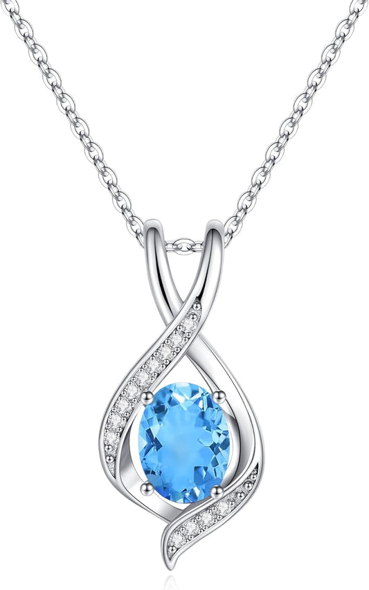 Oval Sparkle Birthstone Pendant Necklace, 925 Sterling Silver Gemstone Pendant Anniversary Birthday Gifts for Women Wife Girlfriend Mom Grandma Birthstone Necklace for Women Jewelry Gifts