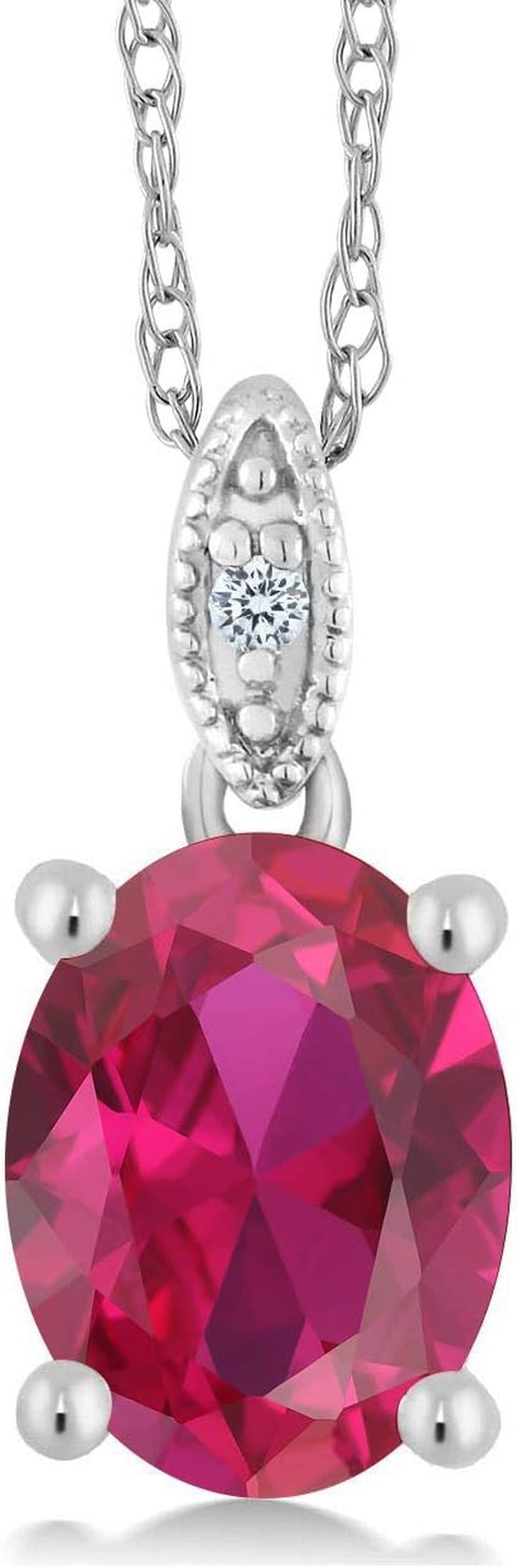 10K White Gold Red Created Ruby and White Diamond Pendant Necklace for Women (2.00 Cttw, Oval 9X7MM, with 18 Inch Chain)