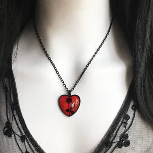 Black Rose Necklace, Red Heart Pendant, Glass Cameo Necklace, Gothic Victorian, Romantic Valentine Gift Idea, Gothic Jewelry, Handmade