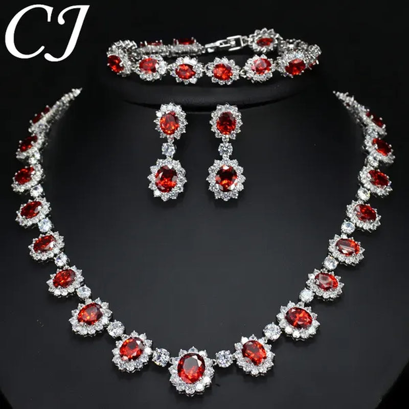 CANDICE Elegant Red Wedding Jewelry Set Micro CZ Stone Paved Oval Crystal Drop Earrings Bracelet and Necklace Sets for Bride