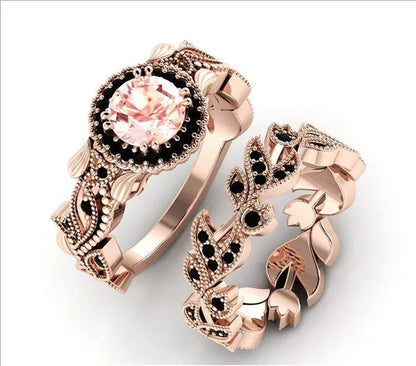2 Pieces/set of Exquisite Fashion Ideas Ring Black Diamond Ring Flower Vine Ladies Ring Jewelry Promise Wedding Ring Princess Proposal Ring Anniversary Gift (size: 5-11)