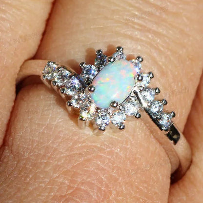 Exquisite Women's  Silver Ring Oval Cut Fire Opal Diamond Jewelry Birthday Proposal Gift Bridal Engagement Party Band Rings Size 5-12