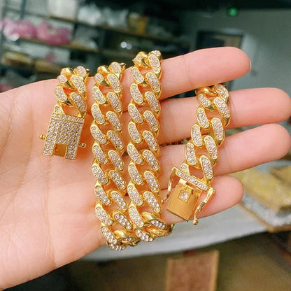 13MM Men's Hip Hop Necklace or Bracelet,Iced Out Bling Rhinestones Miami Cuban Link Chain Necklace Bracelet Set Jewelry Gifts