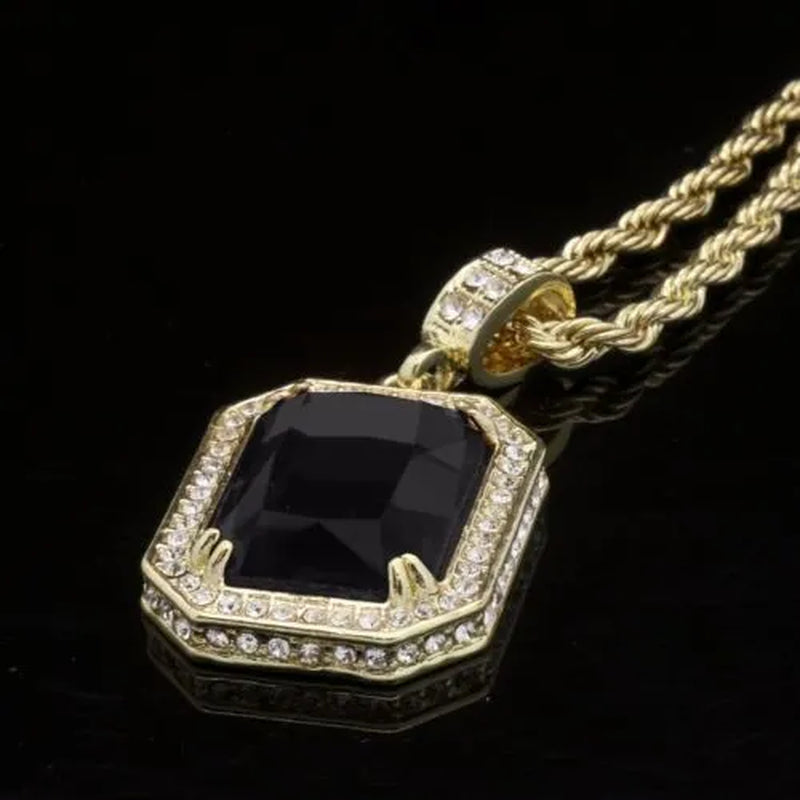 Mens Hip Hop 14K Gold Plated Simulated Black Ruby Pendant 24" 4Mm Rope Chain