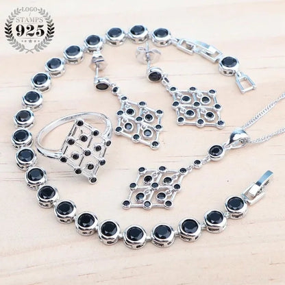 925 Silver Zircon Bridal Jewelry Set For Women Bracelet Earrings Pendant Necklace Rings