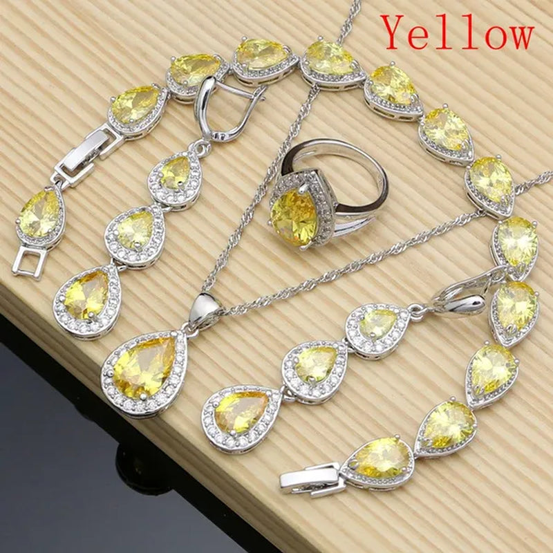Water Drop 925 Sterling Silver Jewelry Red Ruby White Topaz Jewelry Sets Women Earrings/Pendant/Necklace/Rings/Bracelet
