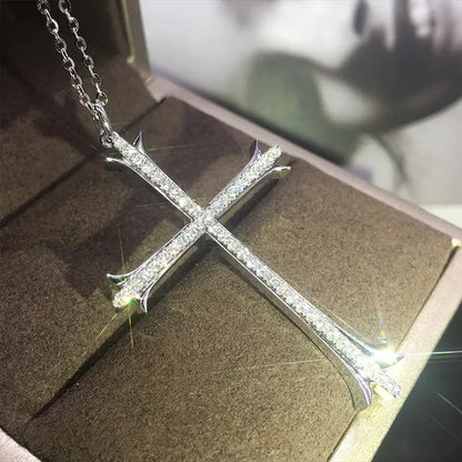 925 Sterling Silver Religious Cross Long Pendant Necklace Moissanite Charm Necklace for Women Fashion Necklace Unisex Party Banquet Fine Jewelry Personality Valentine Gift