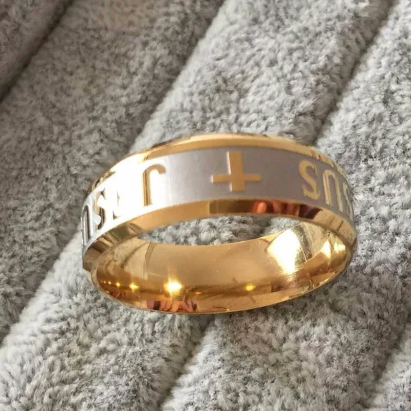 High quality large size 8mm 316 Titanium Steel 18K silver gold plated jesus cross Letter bible wedding band ring men women