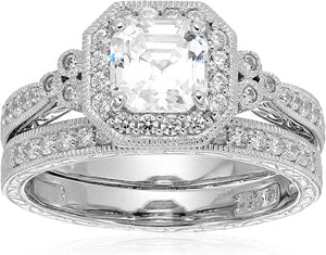 Platinum or Gold Plated Sterling Silver Antique Ring Set with Asscher-Cut Infinite Elements Cubic Zirconia (Previously Amazon Collection)