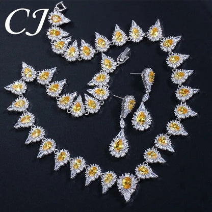 CANDICE Stunning Pave Yellow Citrine Luxury Jewelry Pear Shape CZ Crystal Choker Necklace And Earrings Bride Set for Women Party Wedding Accessories