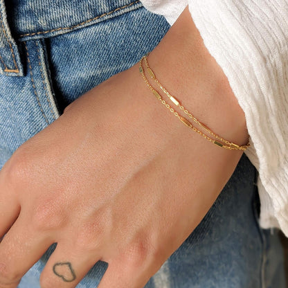 Double-Stranded Gold Bracelet, Length 6.5-7.5 Inches, Thin Satellite Chain Layer Bracelets for Women, Tarnish-Resistant, Minimalist Arm Jewelry, Handmade Gift for Her (Tubes Chain)