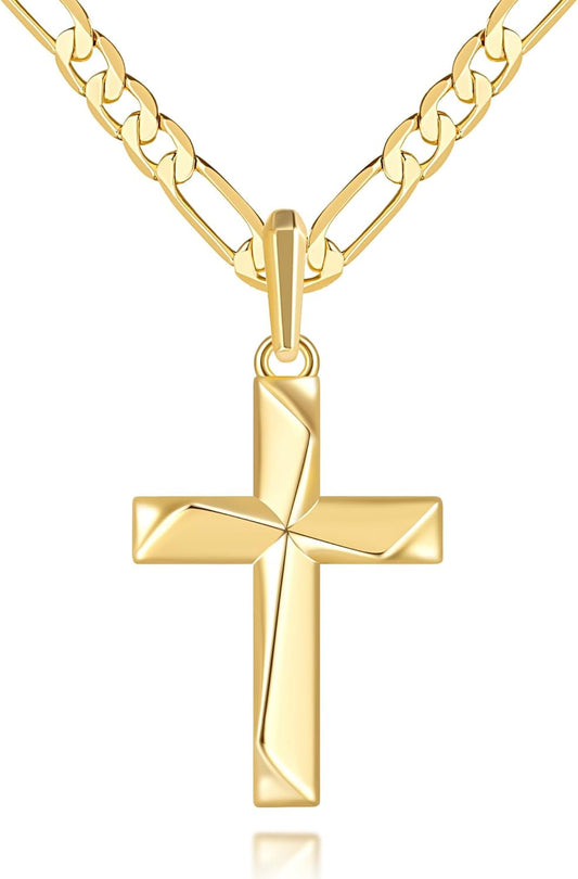 Cross Necklace 14K Gold Cross Necklace for Men Gold Crosses Chain for Men Irregular Cutting Lines with Figaro Chain Mens Crosses Pendant 20/22/24In