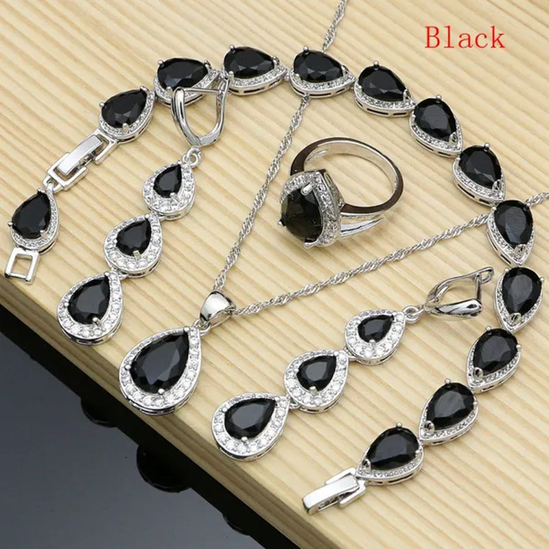 Water Drop 925 Sterling Silver Jewelry Red Ruby White Topaz Jewelry Sets Women Earrings/Pendant/Necklace/Rings/Bracelet