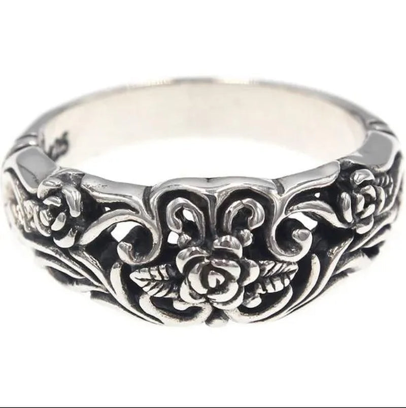 Exquisite Silver-Plated Vintage Silver Black Rose Flower Ring Bride Wedding Party Ring Couple Gift Jewelry (Size: 5-11)