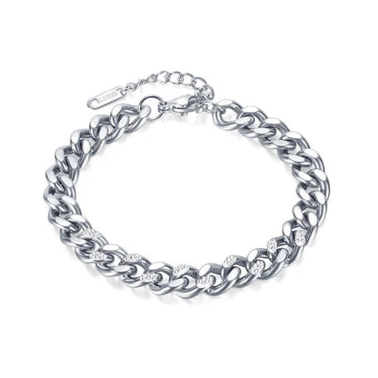 8.5Mm Wide Adjustable Curb Link Chain Bracelet Inlay Delicate Cubic Zirconia CZ Stone for Women Girls Titanium Steel Chunky Cuban Curb Chain Bracelets Bangle Lady Jewelry Silver / Gold