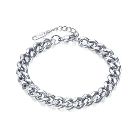 8.5Mm Wide Adjustable Curb Link Chain Bracelet Inlay Delicate Cubic Zirconia CZ Stone for Women Girls Titanium Steel Chunky Cuban Curb Chain Bracelets Bangle Lady Jewelry Silver / Gold