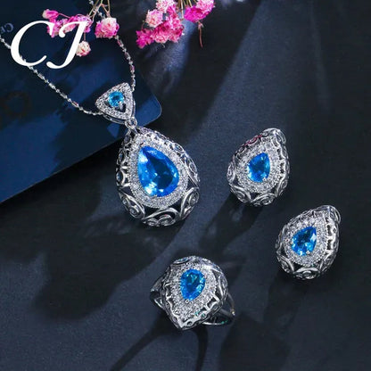 CANDICE Elegant Stamp Sterling Silver Plated Women Jewelry Set Pear Drop Red Cubic Zirconia Necklace Earring Ring 3Pcs Sets