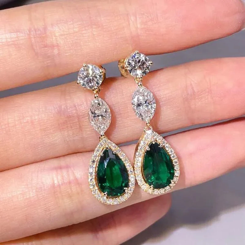 Women Pendant Earrings Teardrop Cut Emerald Drop Earrings Bridal Engagement Wedding Jewelry Gift