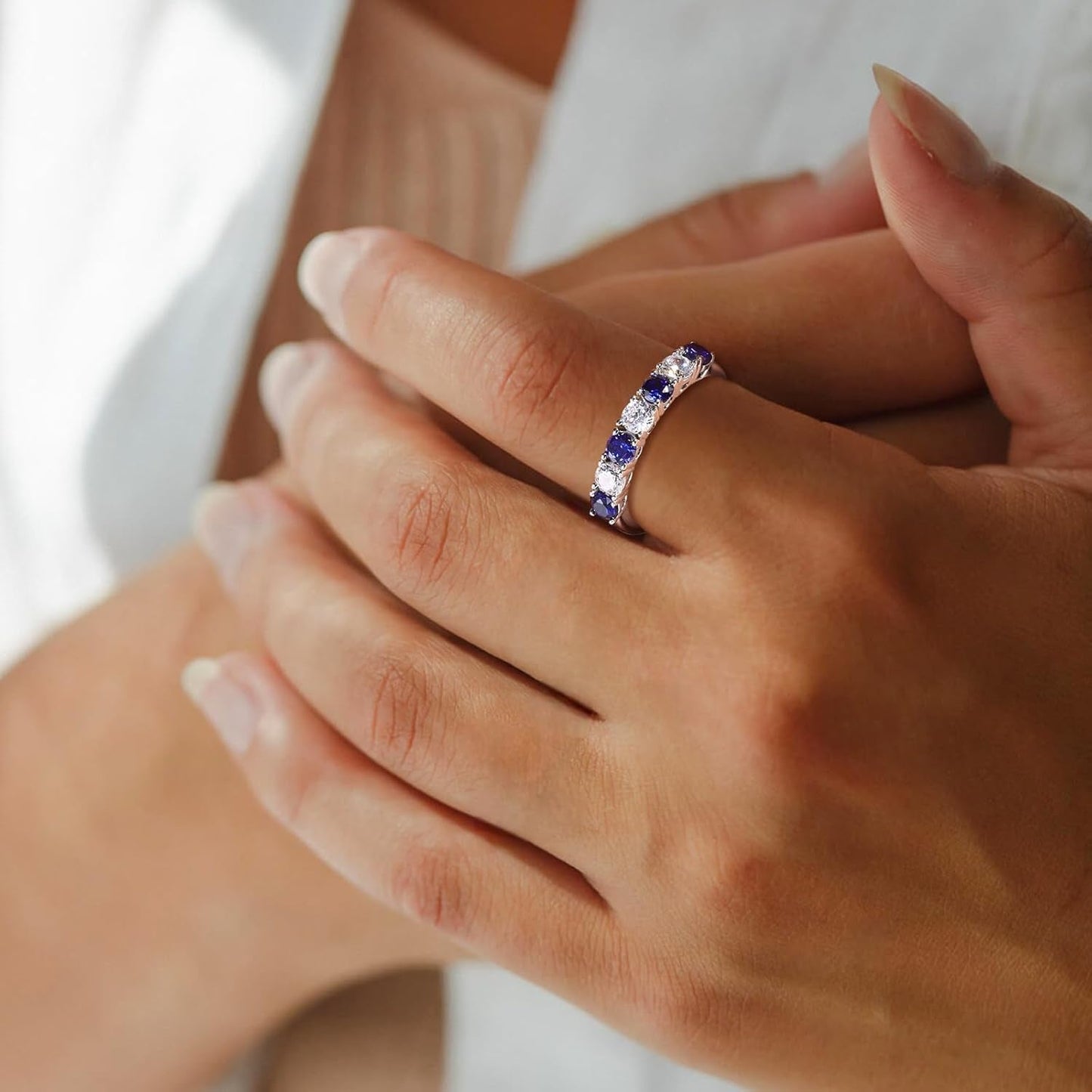 925 Sterling Silver Birthstone Rings for Women White Sapphire Created Gemstone Wedding Band Stackable Half Eternity 7 Stone Anniversary Ring Wife Mom Grandma Birthday Jewelry Size 6-10