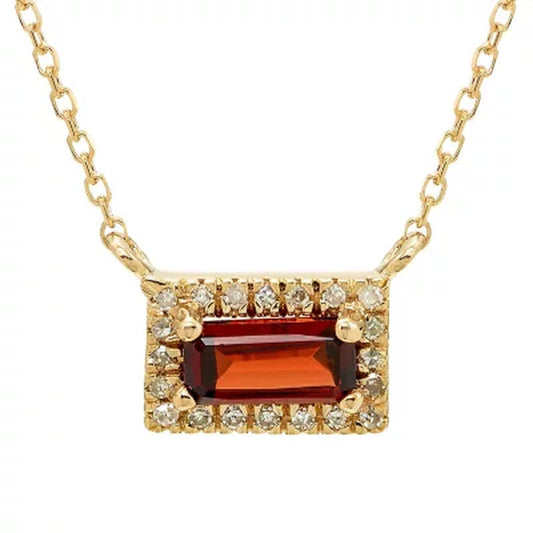 Garnet and .06 CT. T.W. Diamond Baguette Pendant Necklace in 14K Gold