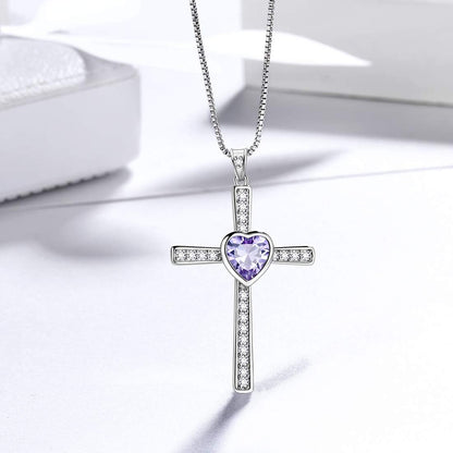Heart Birthstone Necklace/Ring,925 Sterling Silver Women Cross/Heart 12 Birth Stones Jewelry for Birthday Gift Anniversary Wedding