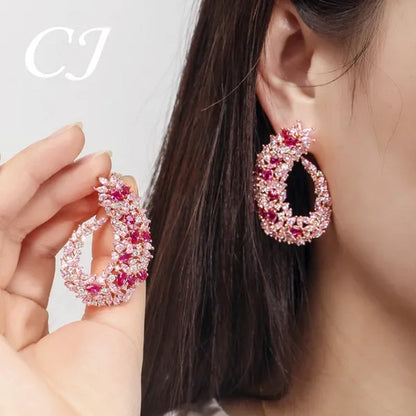 CANDICE Luxury 18K Rose Gold Plated Full Pave Multi Shape Rose Red And Pink Color CZ Zirconia Wedding Big Stud Earrings Romantic Party Jewelry for Brides
