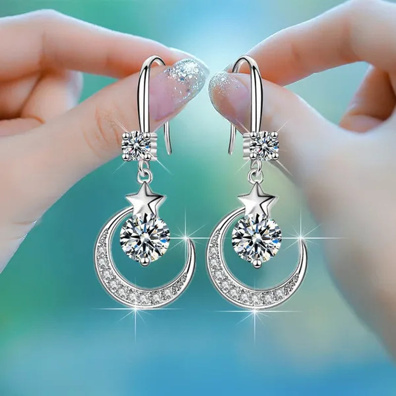 Female Fashion Star Moon Earrings Silver Plated Pink Blue White Cubic Zirconia Dangle Earrings Bride Wedding Engagement Anniversary Valentine'S Day Gift Jewelry