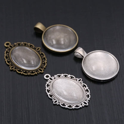 64-Pieces Pendant Set, 16Pcs Oval Pendant Trays and 16Pcs round Bezels with 32Pcs Glass Cabochon round Clear Dome Tiles for Crafting DIY Jewelry Making