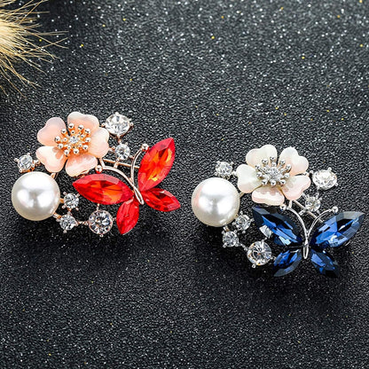 Women Faux Quartz Butterfly Flower Imitation Pearl Brooch Pin Lapel Clip Decoration Festival Birthday Gift- Rose Gold Festival Birthday Gift- Blue