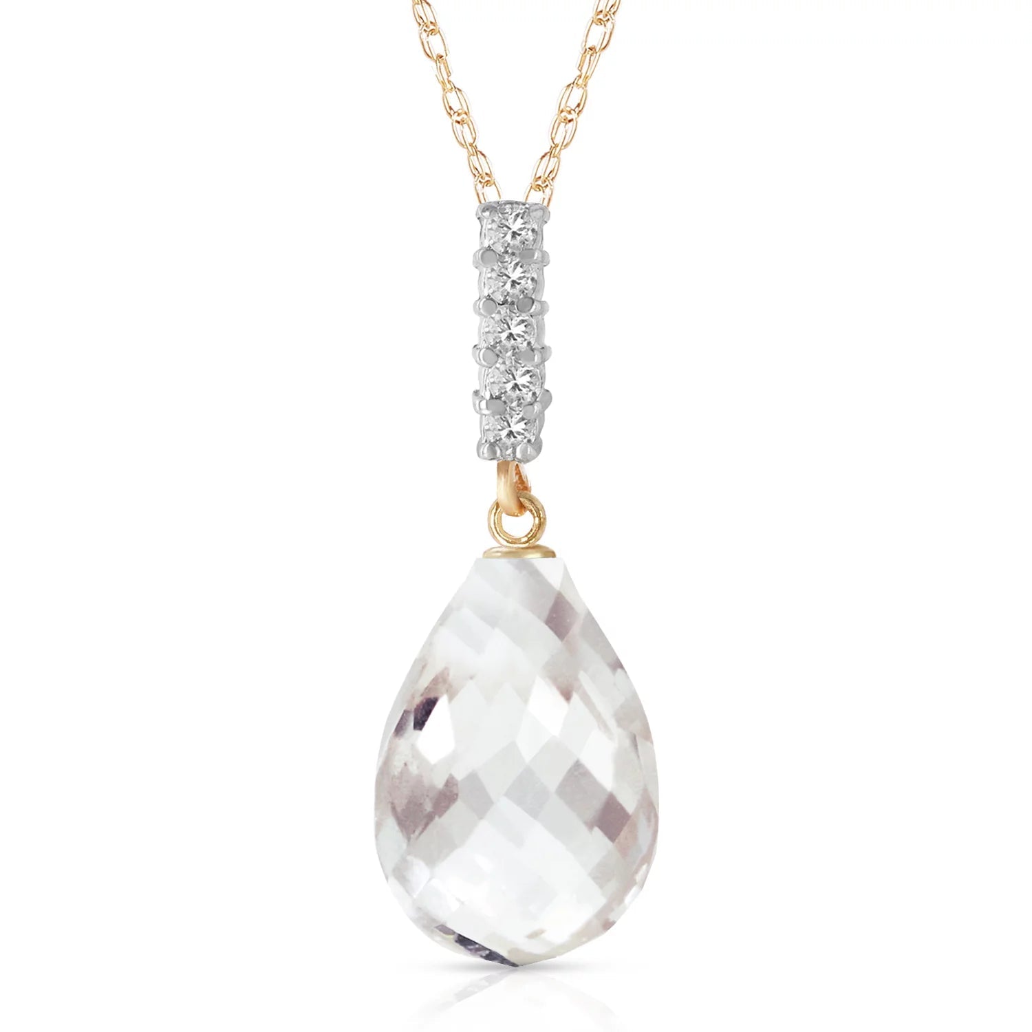 14K 20" Yellow Gold Necklace with Diamond and Briolette Drop White Topaz