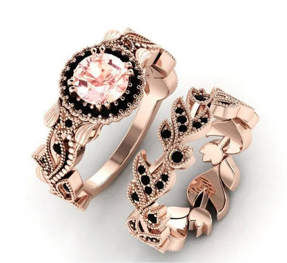 2 Pieces/Set of Fashionable and Elegant Flower Vine Ladies Luxury Jewelry Rose Gold Black Sapphire Diamond Wedding Ring Princess Proposal Anniversary Gift Size 4-11 Bague Femme