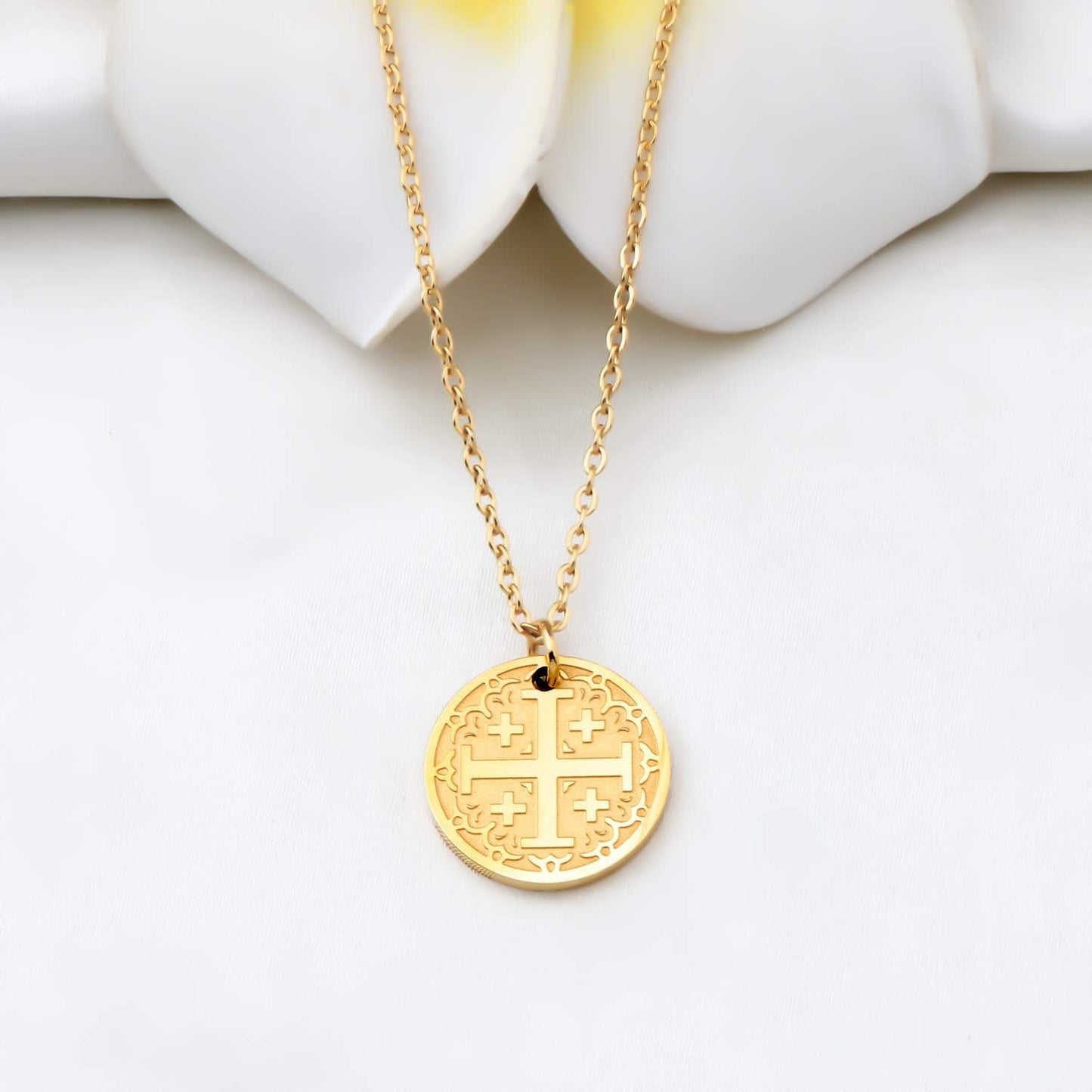 Jerusalem Crusaders Cross Disc Pendant Necklace Religious Jewelry Baptism Gift for Protection