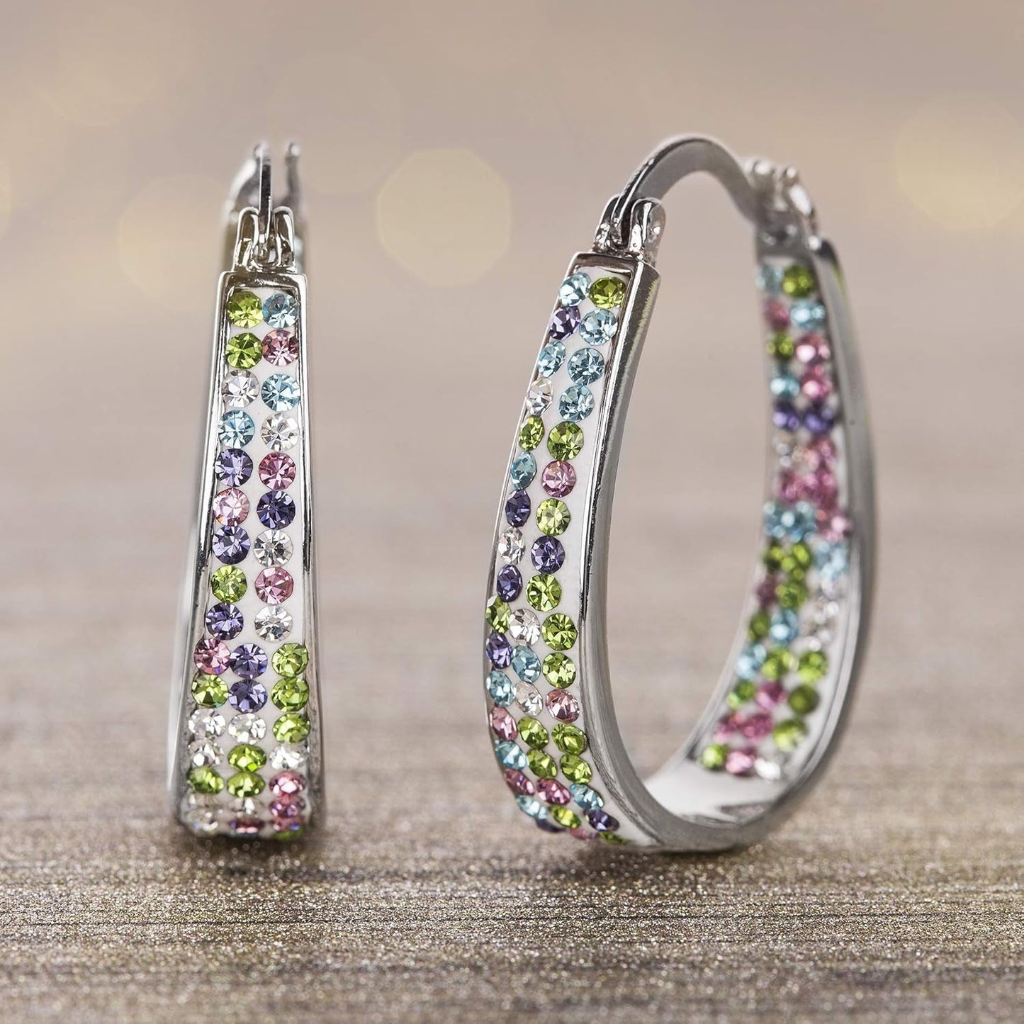 Oval inside outside Hoop Earrings for Women Faceted Sparkle Crystals