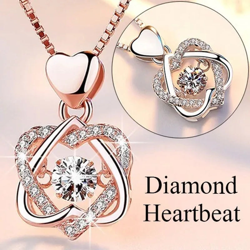 Fashion Romantic Double Heart Diamond Heartbeat Necklace Sapphire Flower Pendant Necklace with Zircon Rose Necklace for Women Engagement Jewelry