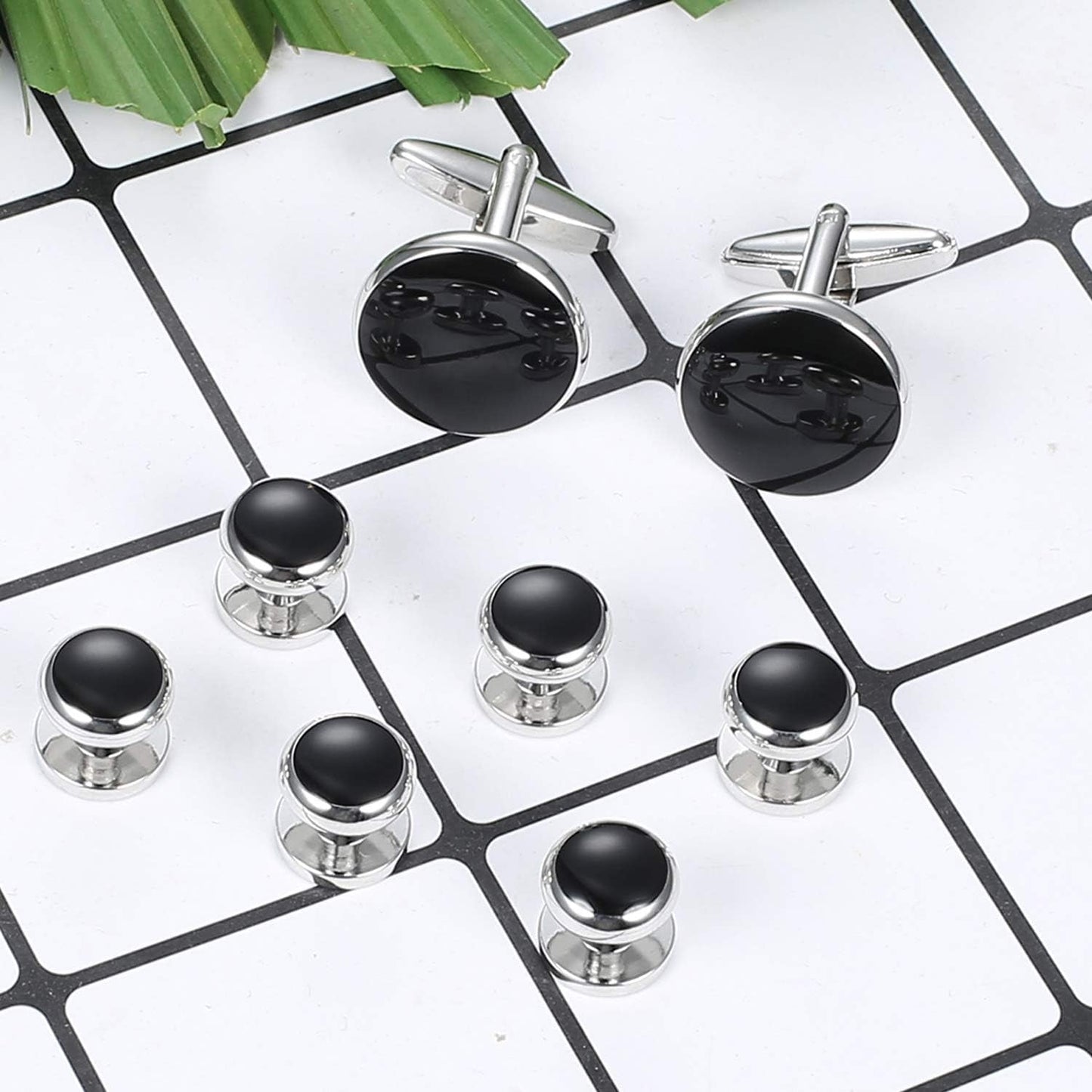 Mens Cufflinks and Studs Set Tuxedo Shirts Classic Black&Silver Match for Business Wedding Formal Suit