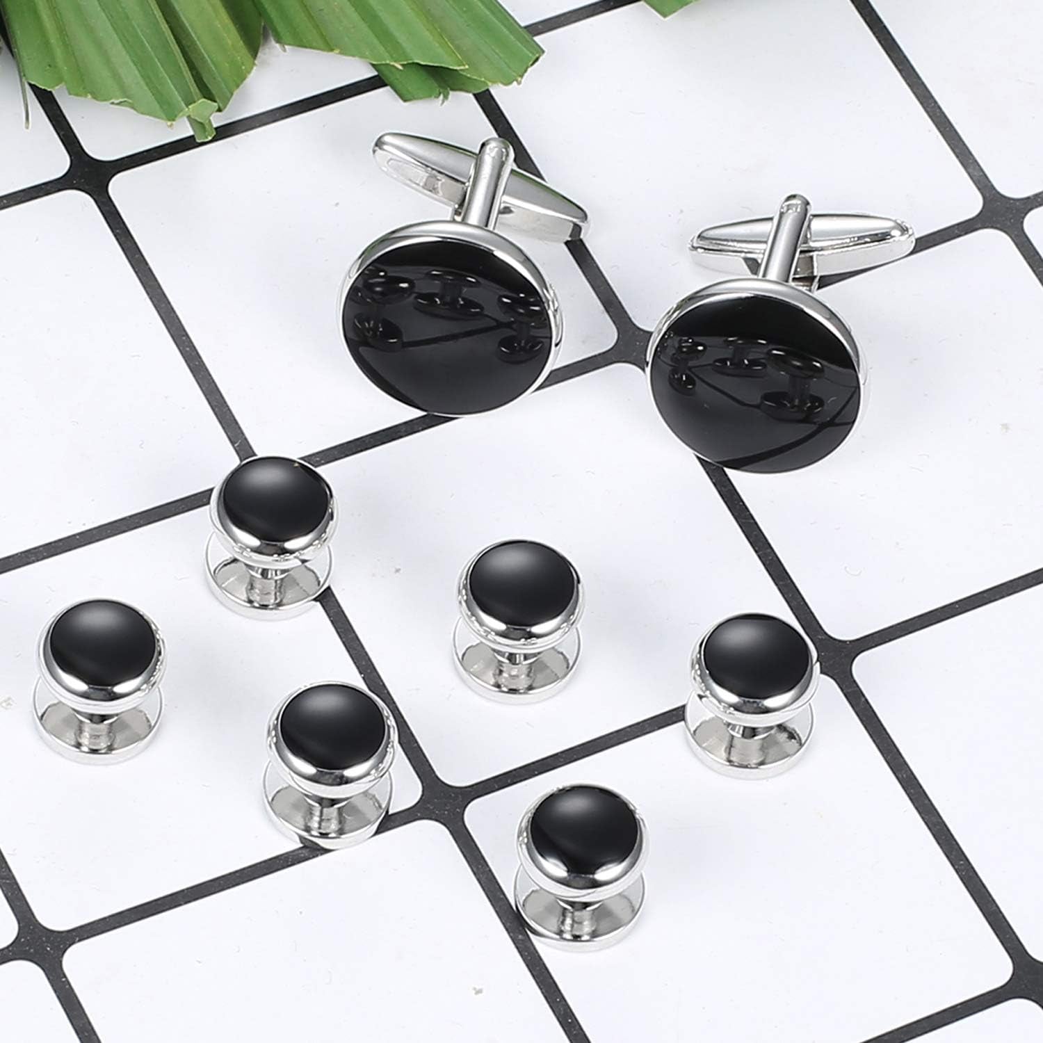 Mens Cufflinks and Studs Set Tuxedo Shirts Classic Black&Silver Match for Business Wedding Formal Suit