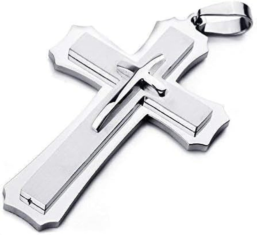 Mens Large Polished Stainless Steel Three Giant Cross Pendant Necklace Silver with 22 Inch Chain